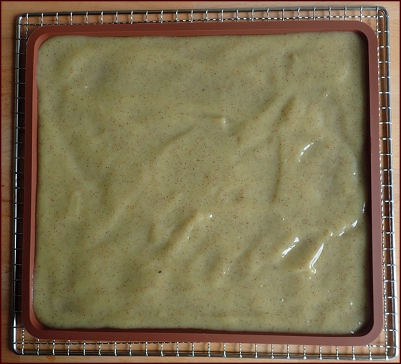 A silicone dehydrator tray containing 1½ cups of blended kiwi.