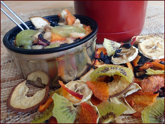 Dehydrated kiwi and mixed fruit rehydrated into a fruit cocktail.