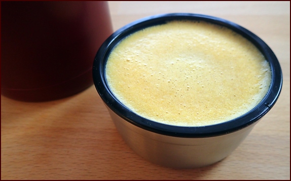 Orange juice made with dehydrated orange powder.