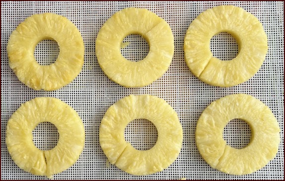 Pineapple rings on dehydrator tray.