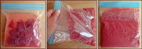 Making a fruit smoothie in a Ziploc bag with fruit leather.