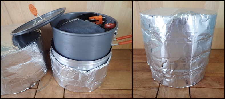 Packing a GSI Halulite Boiler pot with windscreen and pot cozy.