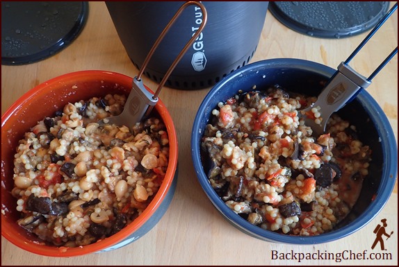 Eggplant parmesan with chicken on left, with chickpeas on right.