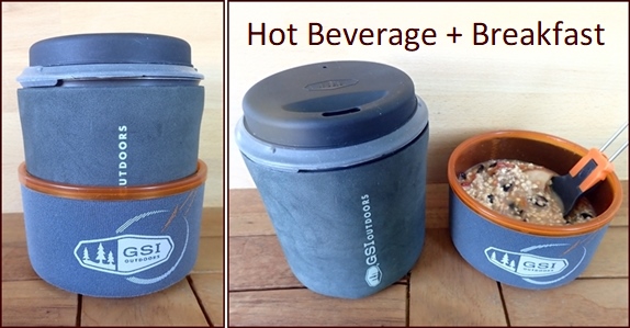 (l) GSI Minimalist pot stowed inside a GSI 14-oz cup with insulating sleeve (not included). (r) Hot beverage in pot after using boiled water to prepare oatmeal in cup.