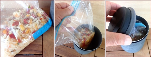 Cold-soaking a rice salad with a freezer bag and pot.