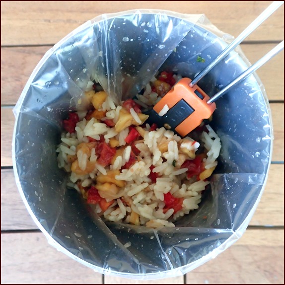 Rehydrated cold-soak salad with pot serving as the bowl.