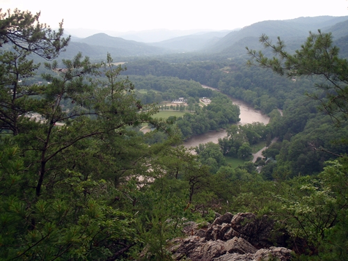 Looking down from the Appalachian Trail at French Broad River in Hot Springs, NC