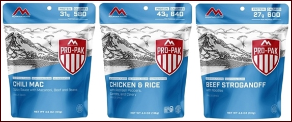 Mountain House Freeze-dried meals, 1-person.