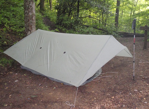 Appalachian Trail, campsite at Locust Cove Gap. Ray-way Tarp set up using hiking pole.