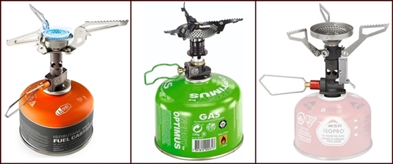 Backpacking Canister Stoves: GSI, Optimus, and MSR.