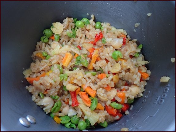 Backpacking fried rice cooked in pot before scrambled eggs were added.