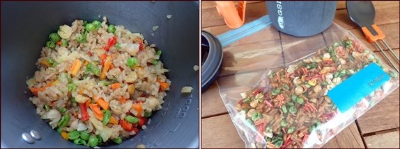 Fried rice and vegetables can be cooked in a pot or freezer bag.