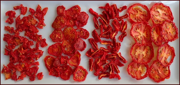 Dehydrated tomatoes: diced, sliced, quartered.