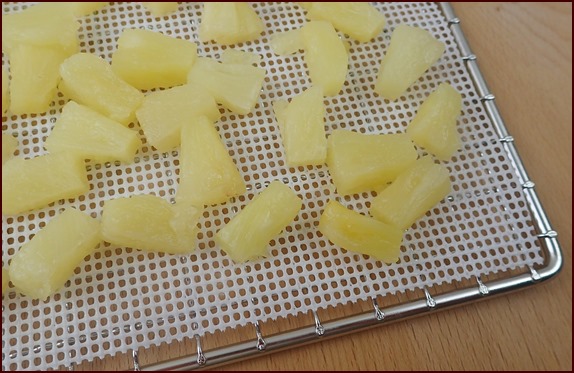 Dehydrating canned pineapple chunks.