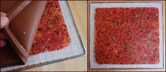 Peeling silicone tray off dehydrated tomatoes onto mesh sheet.