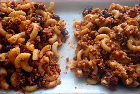 Dehydrated pasta in chili mac.