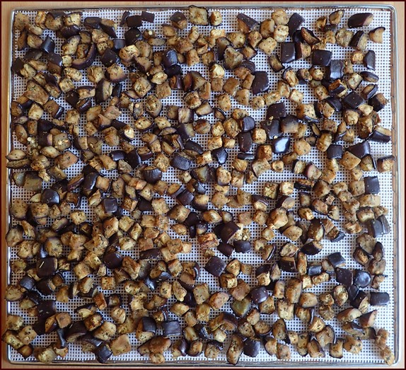 Roasted eggplant on a nonstick mesh dehydrator sheet before dehydrating.