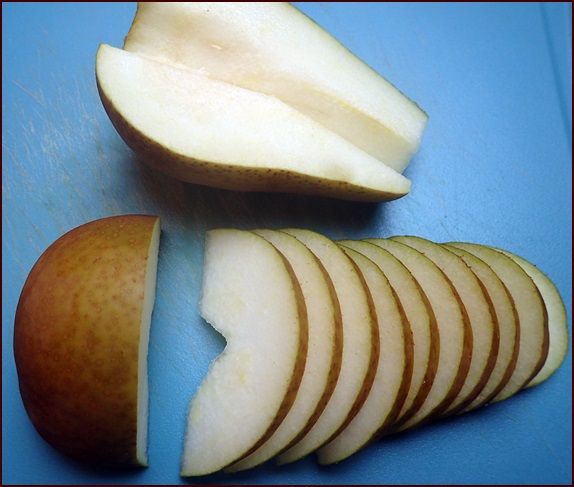 Pear cut for dehydrating.