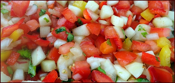 Tomato-peach salsa before dehydrating.