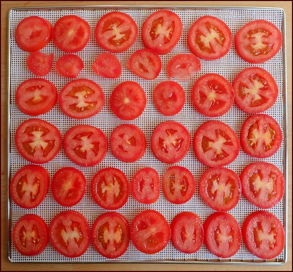 Slice plum tomatoes on mesh dehydrator sheet.