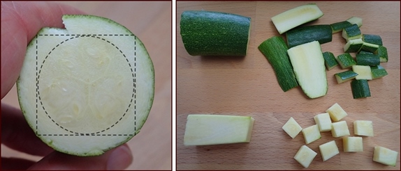 Cutting zucchini into cubes and skins.