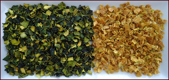 Dehydrating zucchini cubes and skins (after)