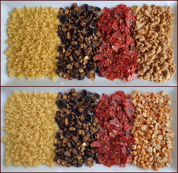 Dehydrated ingredients for eggplant parmesan.