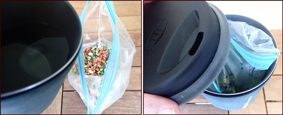 After pouring boiled water into the bag with the food, transfer bag to pot and close it.